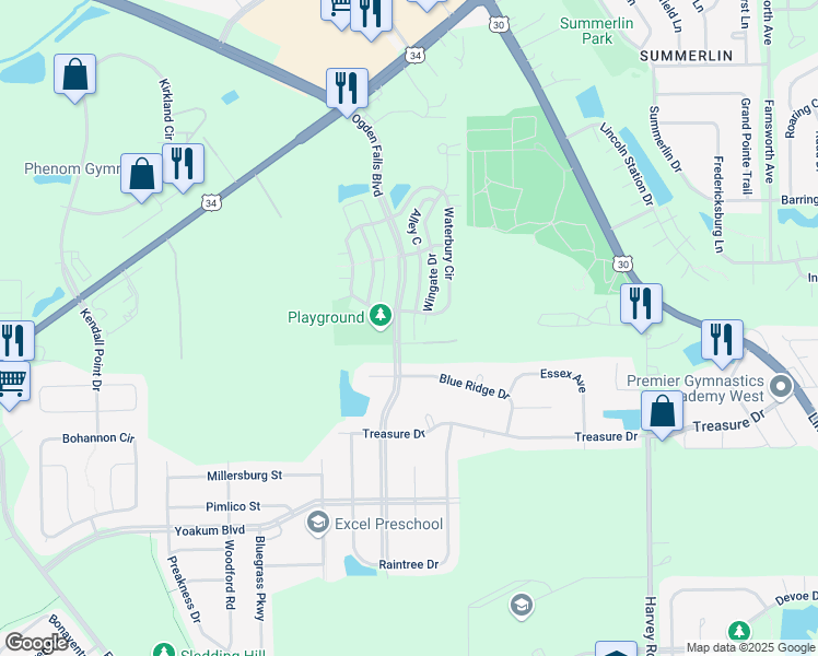 map of restaurants, bars, coffee shops, grocery stores, and more near 370 Ogden Falls Boulevard in Oswego