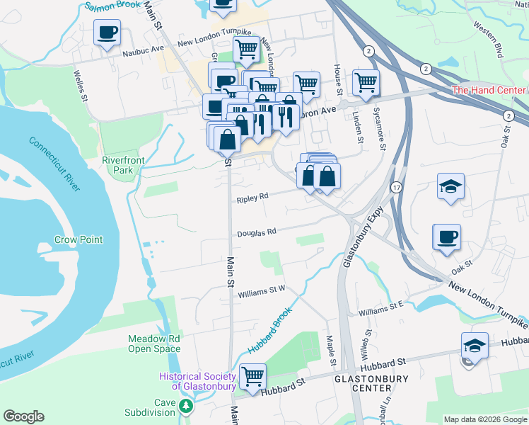 map of restaurants, bars, coffee shops, grocery stores, and more near 27 Carter Ln in Glastonbury