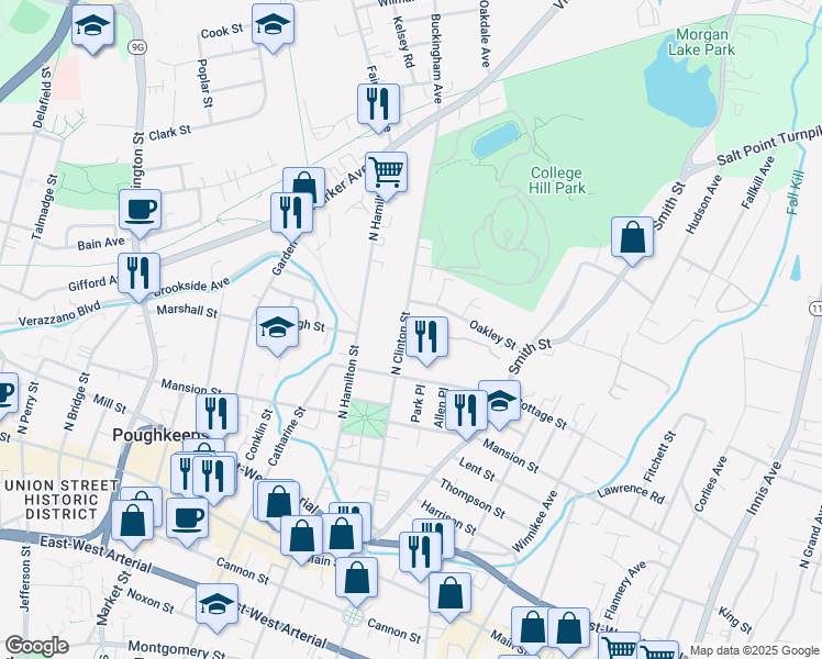 map of restaurants, bars, coffee shops, grocery stores, and more near 109 North Clinton Street in Poughkeepsie