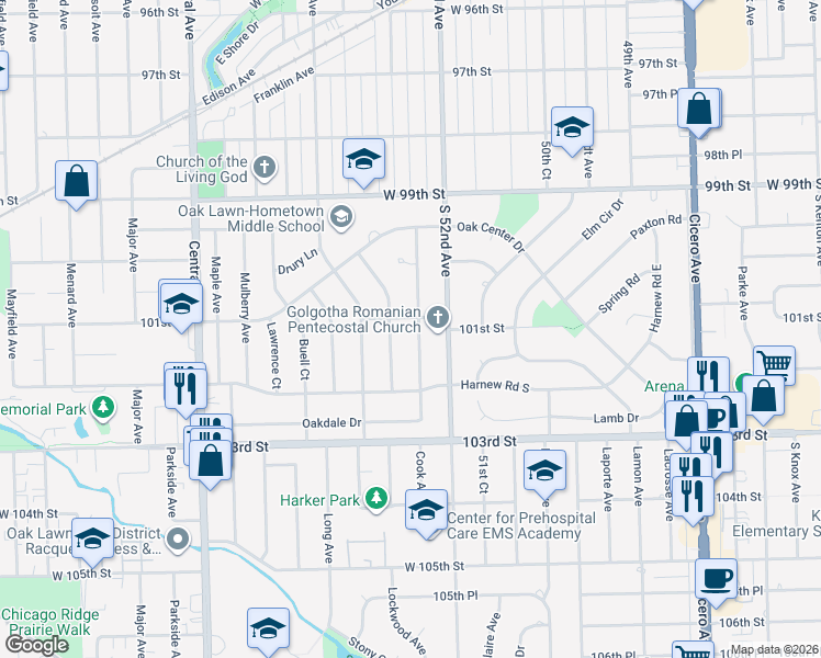 map of restaurants, bars, coffee shops, grocery stores, and more near 10100 Cook Avenue in Oak Lawn