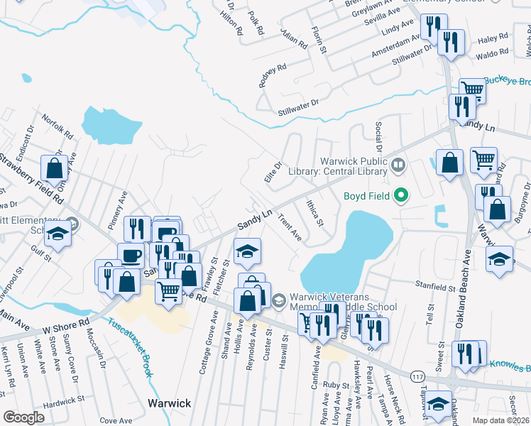 map of restaurants, bars, coffee shops, grocery stores, and more near 2 Armory Drive in Warwick