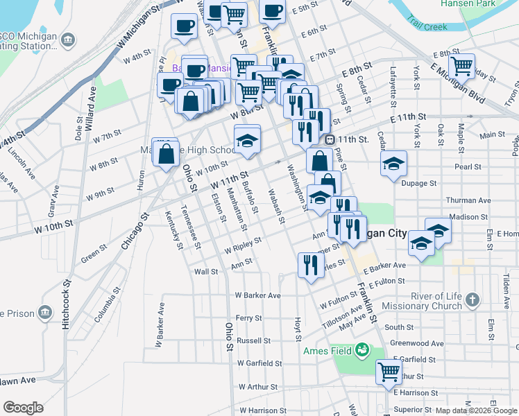 map of restaurants, bars, coffee shops, grocery stores, and more near 1219 Buffalo Street in Michigan City