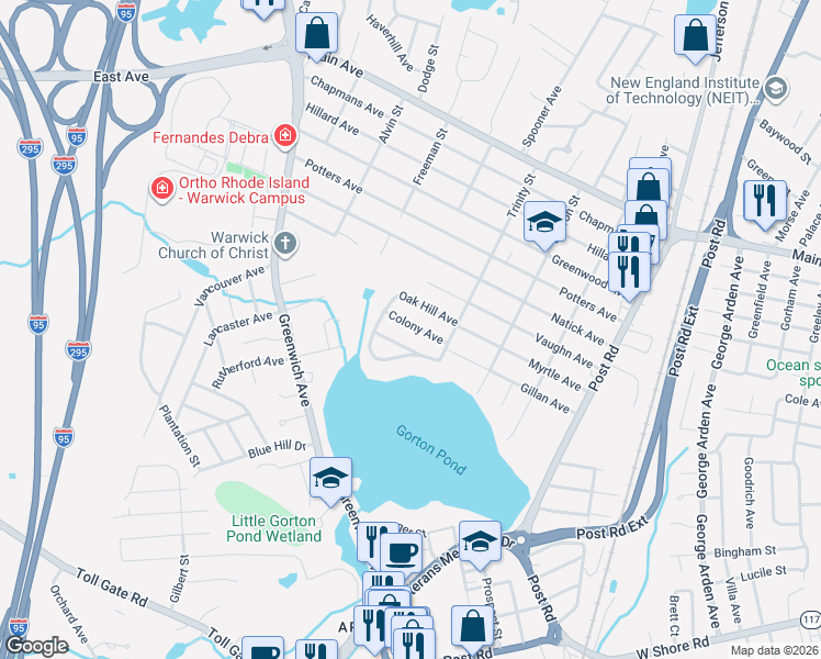 map of restaurants, bars, coffee shops, grocery stores, and more near 28 Oak Hill Avenue in Warwick