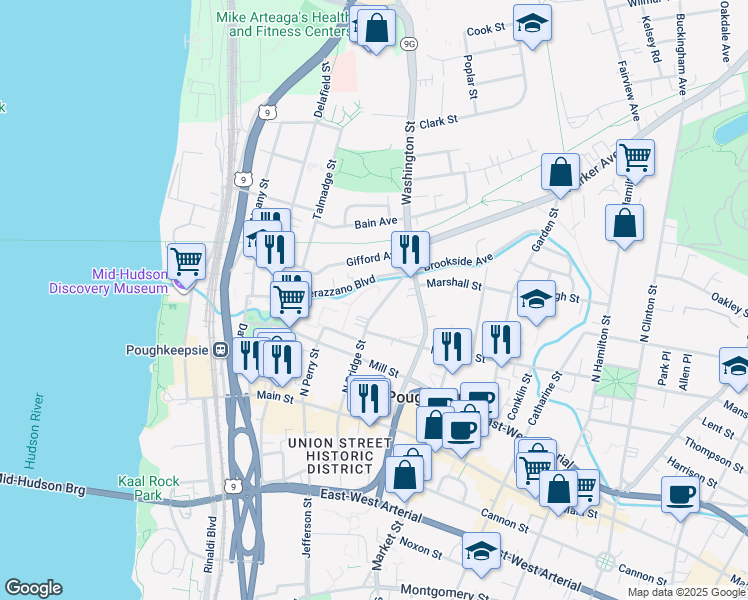 map of restaurants, bars, coffee shops, grocery stores, and more near 95 North Bridge Street in Poughkeepsie