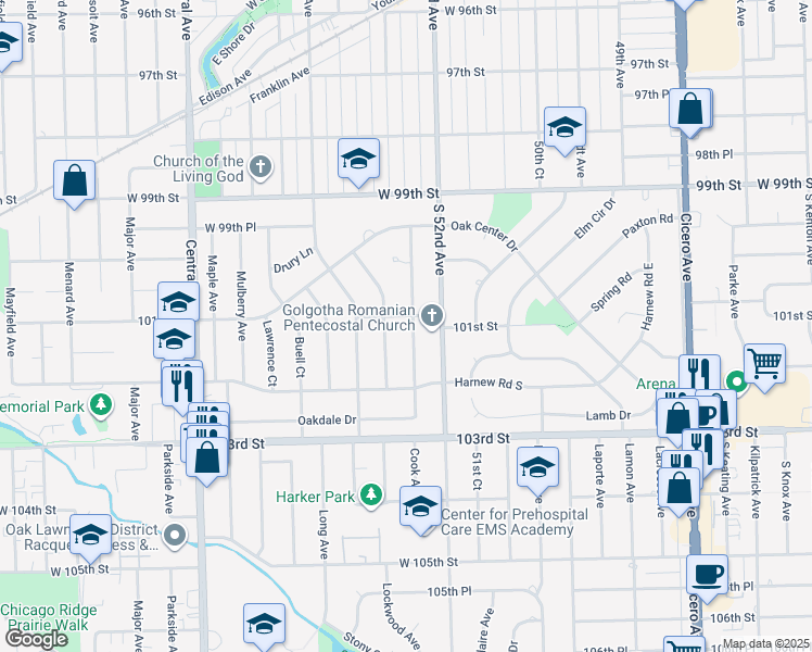 map of restaurants, bars, coffee shops, grocery stores, and more near 10100 Cook Avenue in Oak Lawn