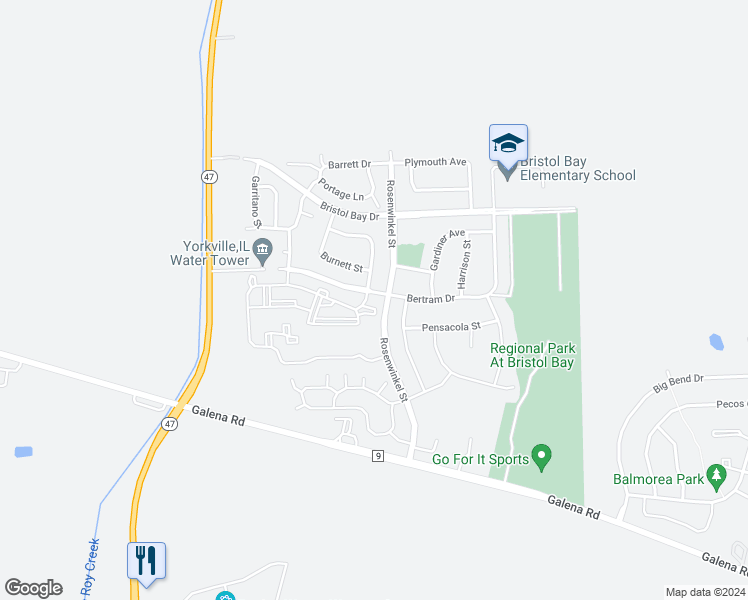 map of restaurants, bars, coffee shops, grocery stores, and more near 226 Bertram Drive in Yorkville