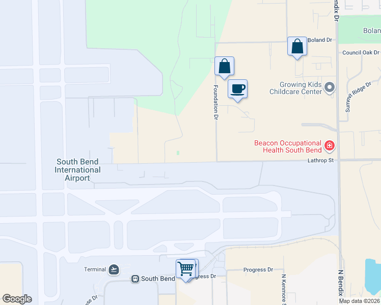 map of restaurants, bars, coffee shops, grocery stores, and more near 4141 Lathrop Street in South Bend