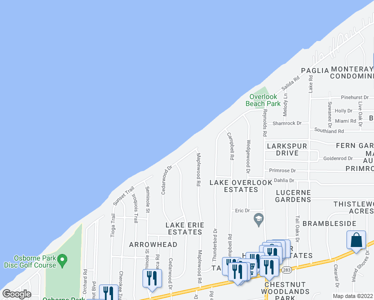 map of restaurants, bars, coffee shops, grocery stores, and more near 5992 Cedarwood Road in Mentor-on-the-Lake