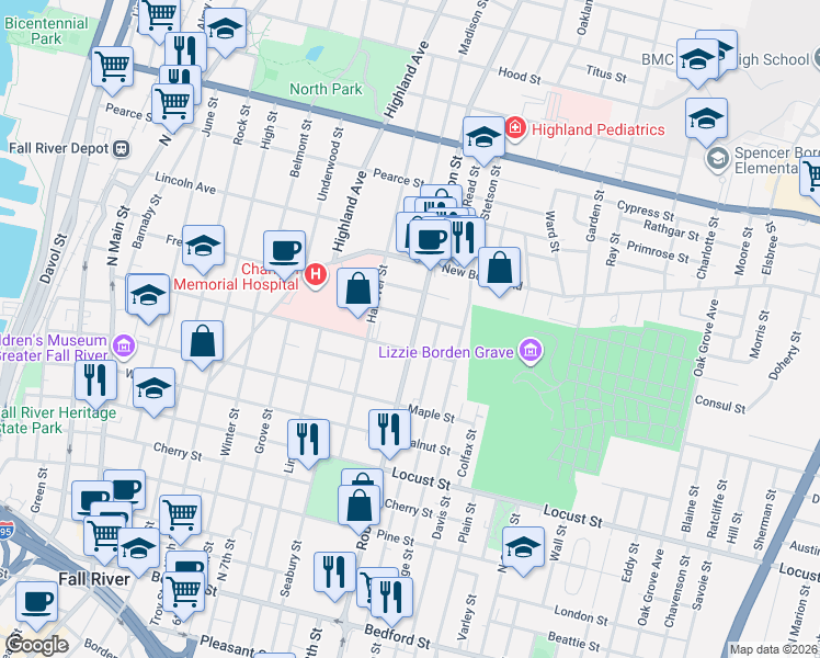 map of restaurants, bars, coffee shops, grocery stores, and more near 638 Robeson Street in Fall River