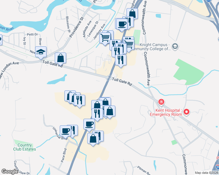 map of restaurants, bars, coffee shops, grocery stores, and more near 1094 Bald Hill Road in Warwick
