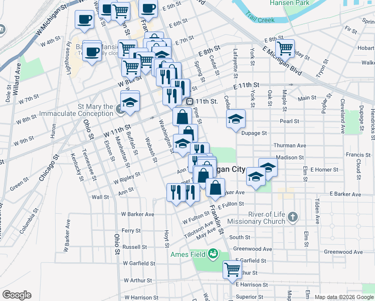map of restaurants, bars, coffee shops, grocery stores, and more near 102 West William Street in Michigan City