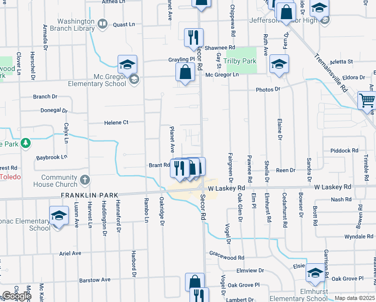 map of restaurants, bars, coffee shops, grocery stores, and more near 5123 Secor Road in Toledo