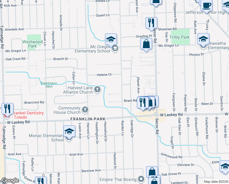 map of restaurants, bars, coffee shops, grocery stores, and more near 3528 Cedardale Court in Toledo