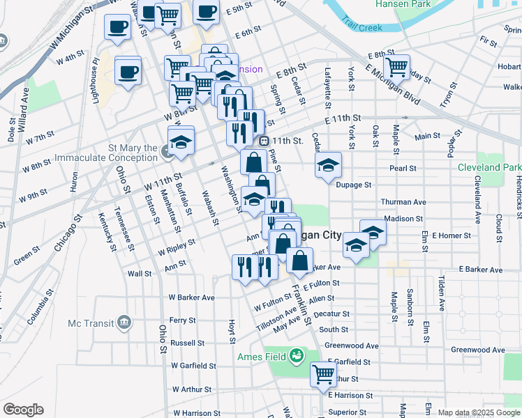 map of restaurants, bars, coffee shops, grocery stores, and more near 102 West William Street in Michigan City