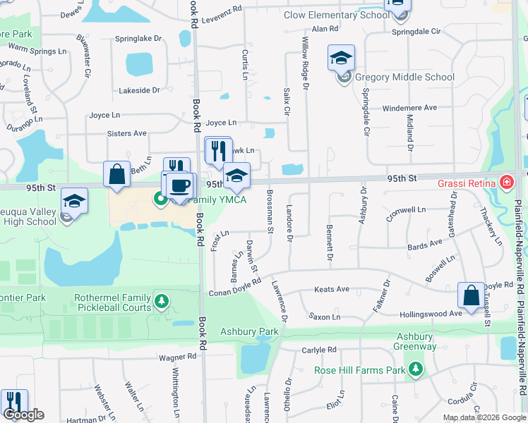 map of restaurants, bars, coffee shops, grocery stores, and more near 3027 Brossman Street in Naperville
