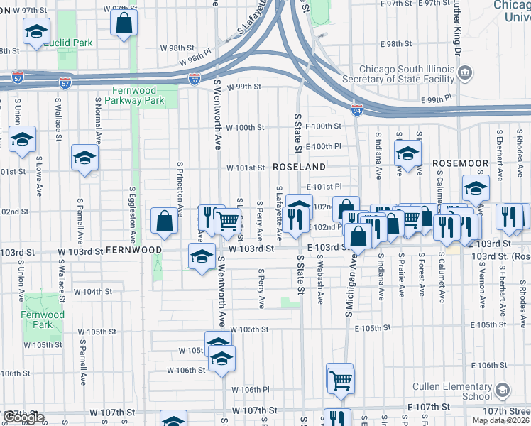 map of restaurants, bars, coffee shops, grocery stores, and more near 10159 South Perry Avenue in Chicago