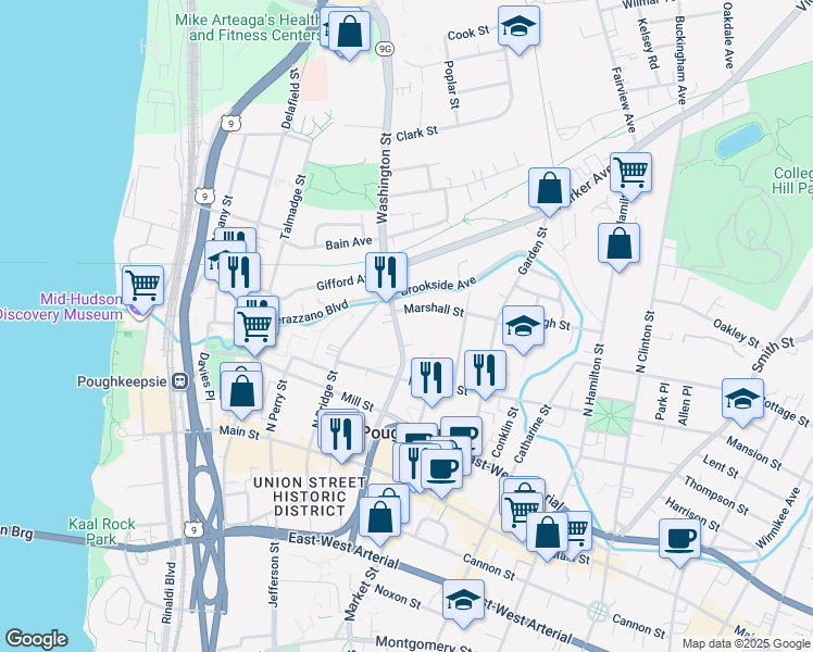 map of restaurants, bars, coffee shops, grocery stores, and more near 79 Washington Street in Poughkeepsie