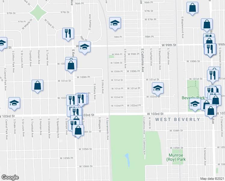 map of restaurants, bars, coffee shops, grocery stores, and more near 2949 West 101st Place in Evergreen Park