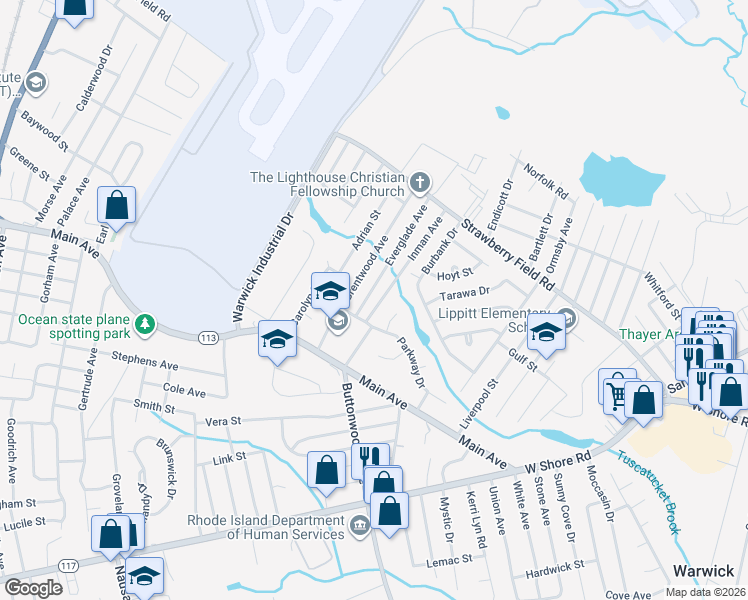 map of restaurants, bars, coffee shops, grocery stores, and more near 120 Everglade Avenue in Warwick