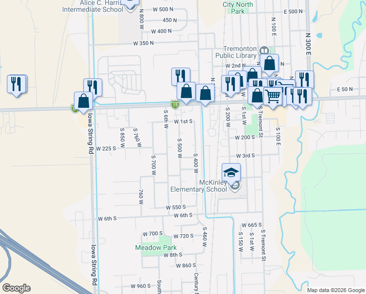 map of restaurants, bars, coffee shops, grocery stores, and more near 195 South 500 West in Tremonton