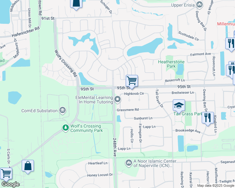 map of restaurants, bars, coffee shops, grocery stores, and more near 3915 Highknob Circle in Naperville