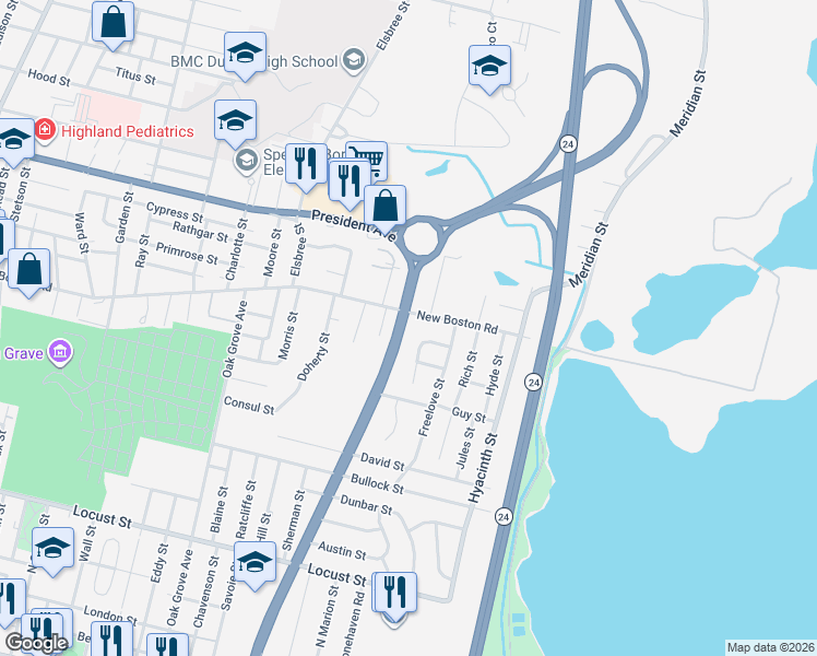 map of restaurants, bars, coffee shops, grocery stores, and more near 1193 New Boston Road in Fall River