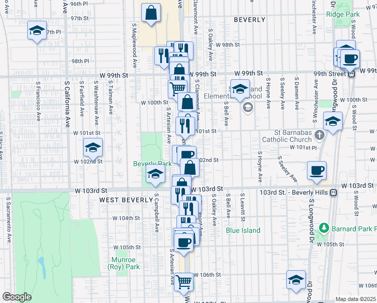 map of restaurants, bars, coffee shops, grocery stores, and more near 10137 South Western Avenue in Chicago