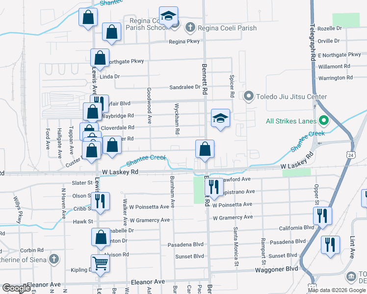 map of restaurants, bars, coffee shops, grocery stores, and more near 552 Custer Drive in Toledo