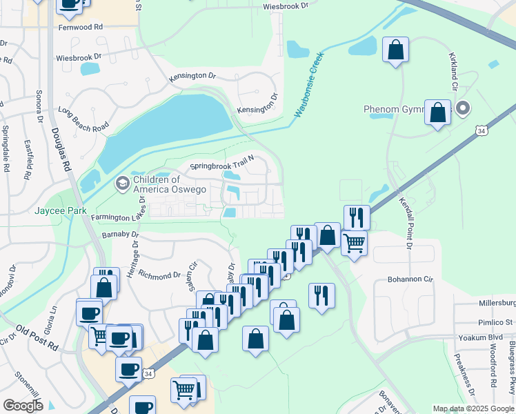 map of restaurants, bars, coffee shops, grocery stores, and more near 249 Springbrook Trail South in Oswego