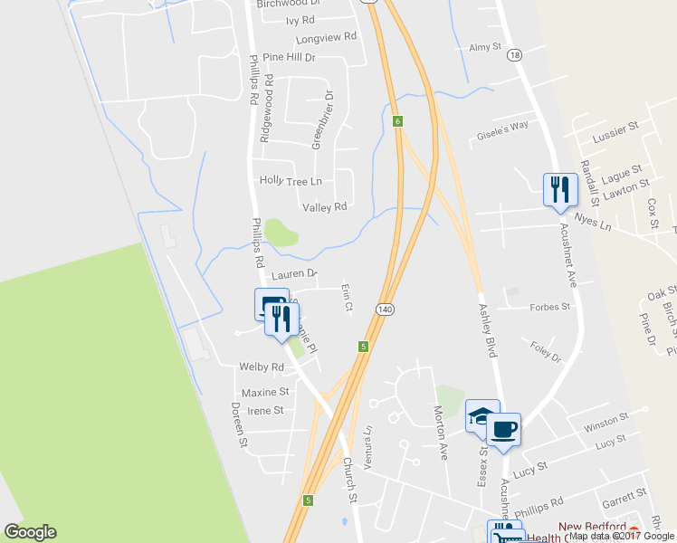 map of restaurants, bars, coffee shops, grocery stores, and more near 75 Erin Court in New Bedford