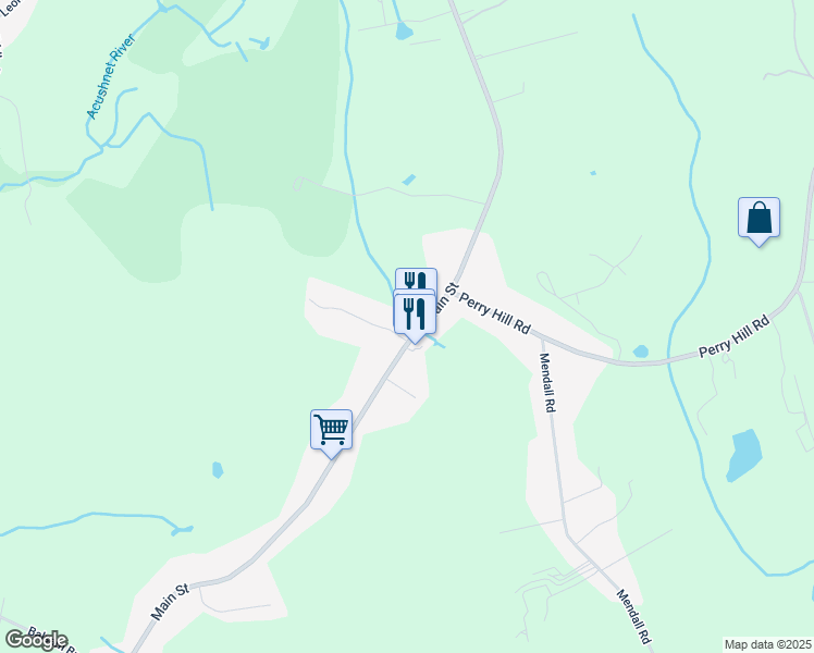 map of restaurants, bars, coffee shops, grocery stores, and more near 605 Main Street in Acushnet