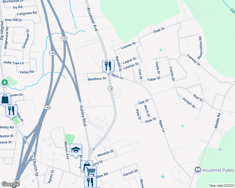 map of restaurants, bars, coffee shops, grocery stores, and more near 3304 Acushnet Avenue in New Bedford