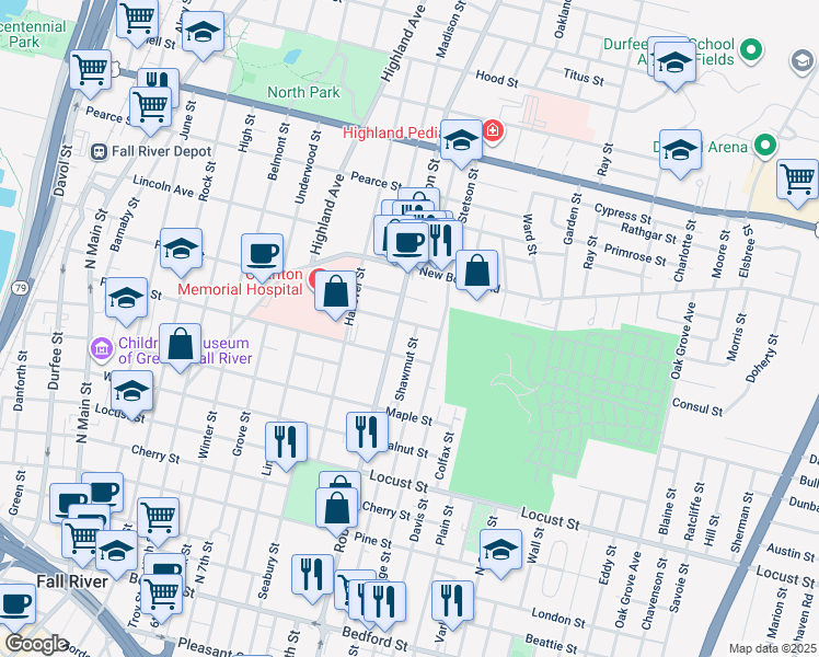 map of restaurants, bars, coffee shops, grocery stores, and more near 126 Summerfield Street in Fall River