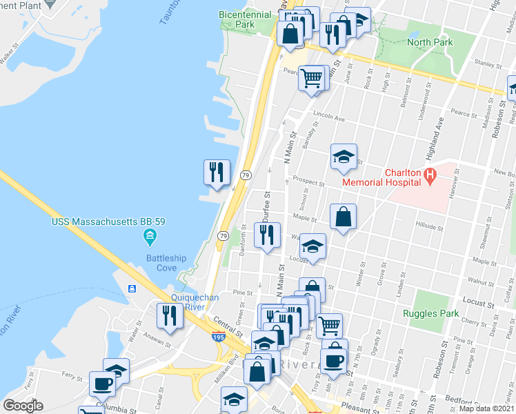 map of restaurants, bars, coffee shops, grocery stores, and more near 287 Danforth Street in Fall River