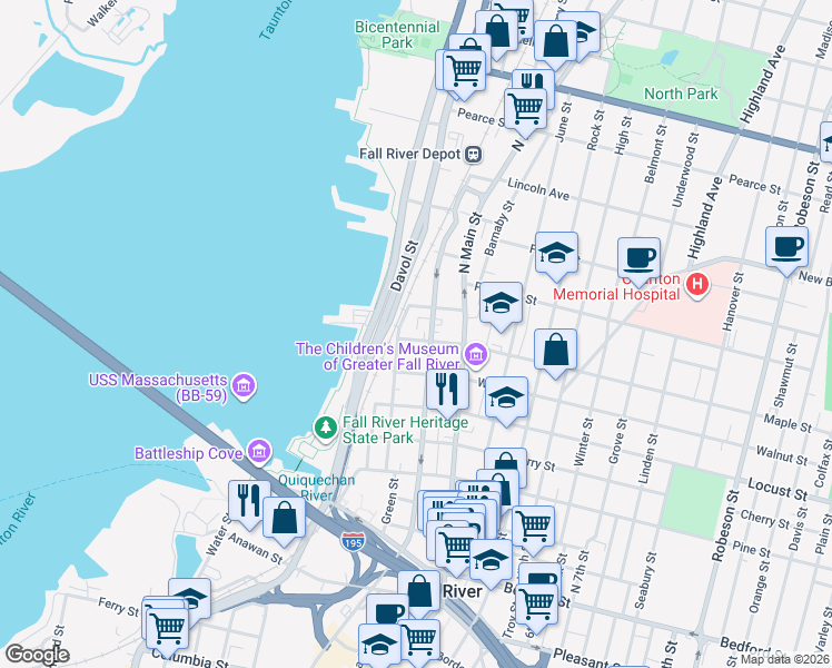 map of restaurants, bars, coffee shops, grocery stores, and more near 287 Danforth Street in Fall River