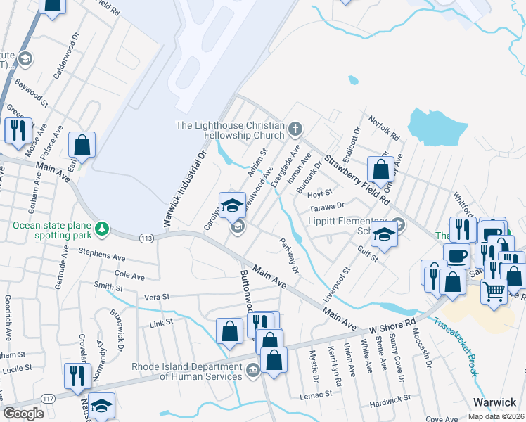 map of restaurants, bars, coffee shops, grocery stores, and more near 120 Everglade Avenue in Warwick
