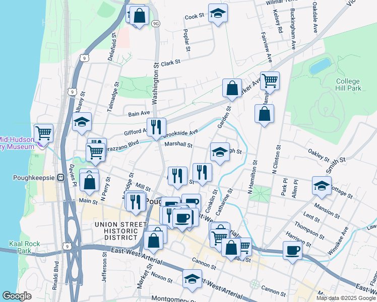 map of restaurants, bars, coffee shops, grocery stores, and more near 36 Marshall Street in Poughkeepsie
