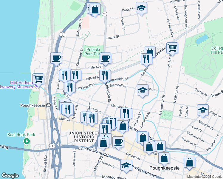 map of restaurants, bars, coffee shops, grocery stores, and more near 83 Washington Street in Poughkeepsie