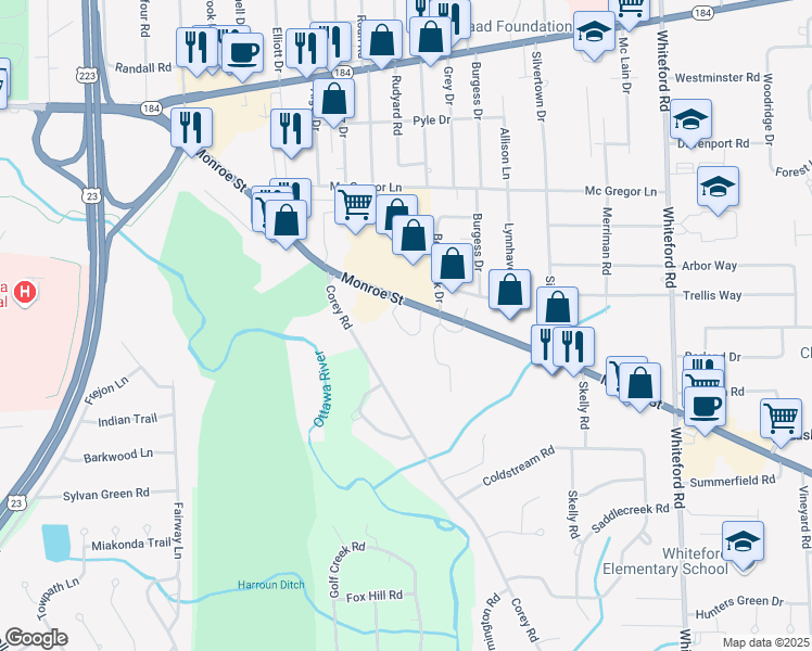 map of restaurants, bars, coffee shops, grocery stores, and more near 5731 Corey Cove in Sylvania