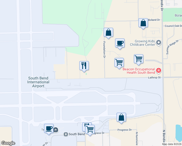 map of restaurants, bars, coffee shops, grocery stores, and more near 4141 Lathrop Street in South Bend