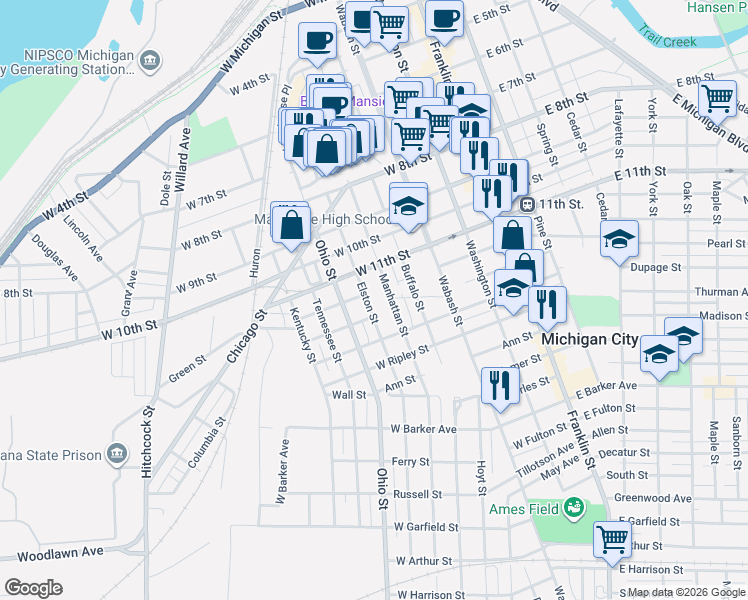 map of restaurants, bars, coffee shops, grocery stores, and more near 1201 1/2 Manhattan Street in Michigan City