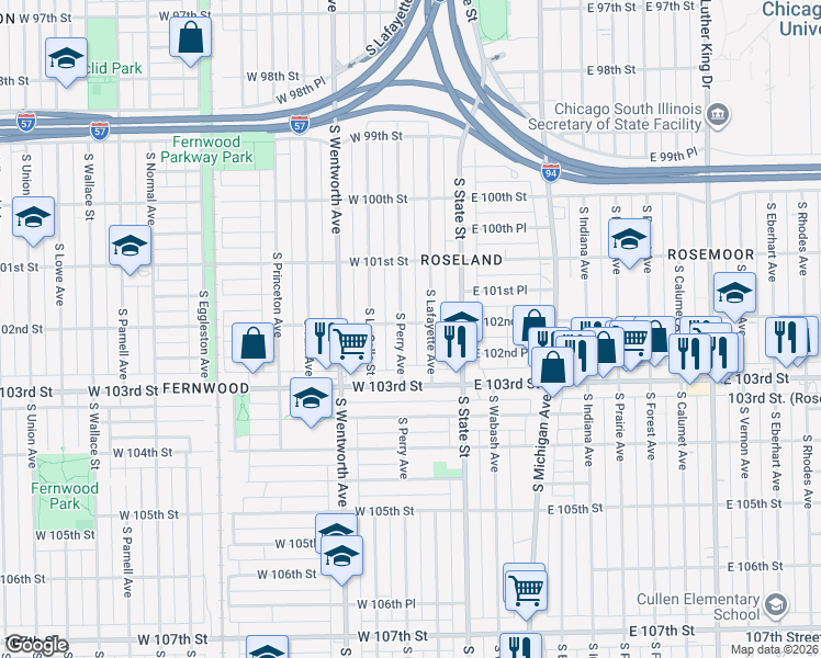 map of restaurants, bars, coffee shops, grocery stores, and more near 10159 South Perry Avenue in Chicago