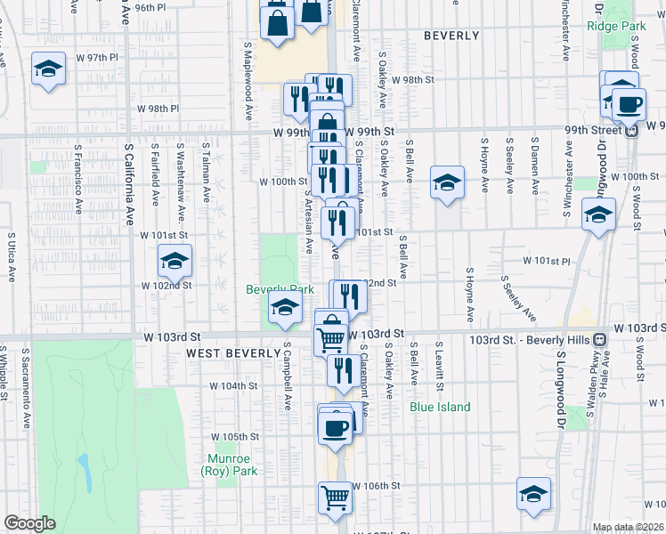 map of restaurants, bars, coffee shops, grocery stores, and more near 10137 South Artesian Avenue in Chicago