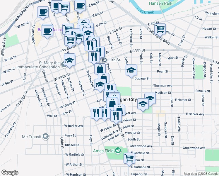 map of restaurants, bars, coffee shops, grocery stores, and more near 112 East Ripley Street in Michigan City
