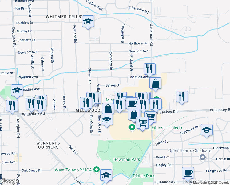 map of restaurants, bars, coffee shops, grocery stores, and more near 5064 Jamieson Dr in Toledo