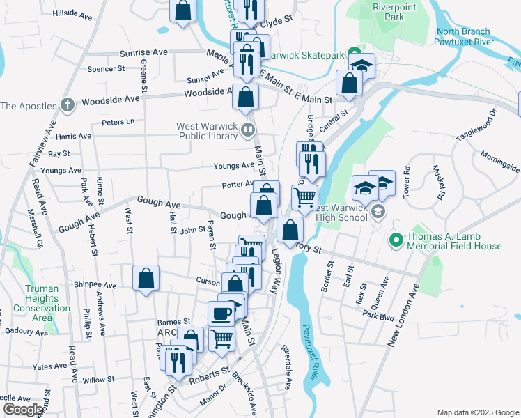 map of restaurants, bars, coffee shops, grocery stores, and more near 5 Gough Avenue in West Warwick