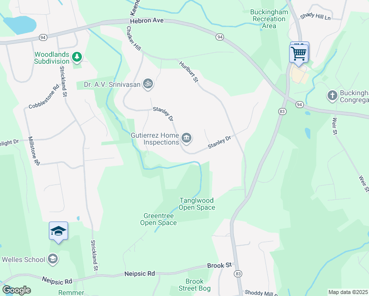 map of restaurants, bars, coffee shops, grocery stores, and more near 282 Stanley Drive in Glastonbury