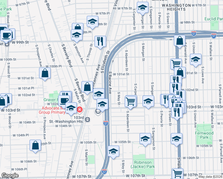 map of restaurants, bars, coffee shops, grocery stores, and more near 1156 West 102nd Street in Chicago