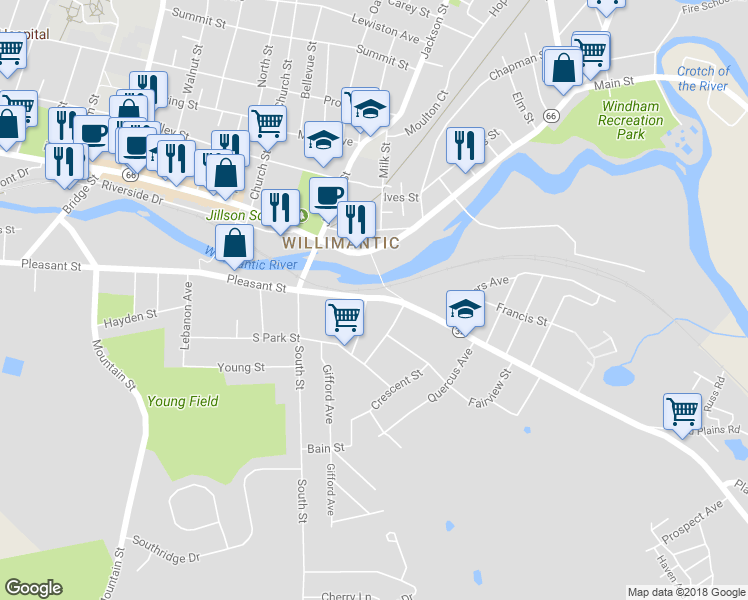 map of restaurants, bars, coffee shops, grocery stores, and more near 28 Pleasant Street in Windham