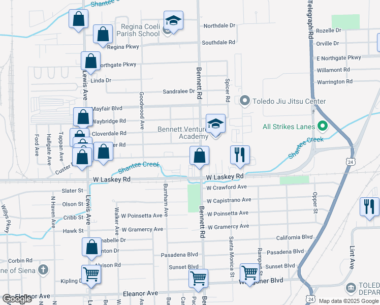 map of restaurants, bars, coffee shops, grocery stores, and more near 524 Custer Drive in Toledo